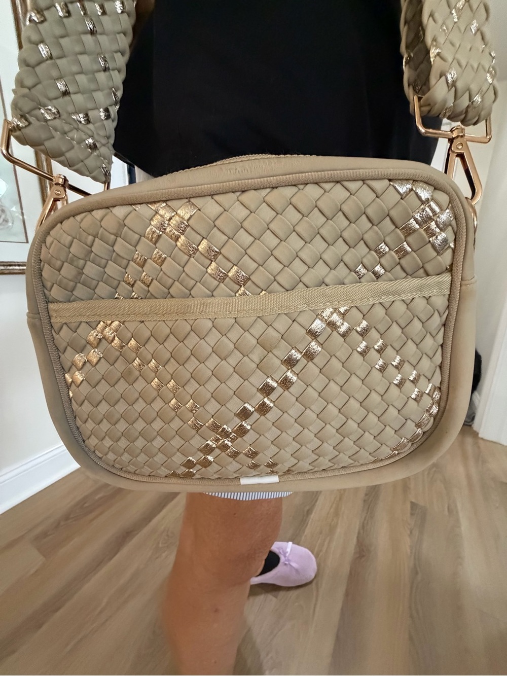 Haute Shore Woven Gold Metallic Accent Crossbody Bag in Beige